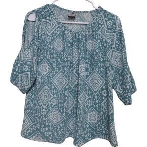 Jonathan Martin Blouse Women Small‎ Green Aztec Tribal Cold Shoulder 3/4 Sleeves